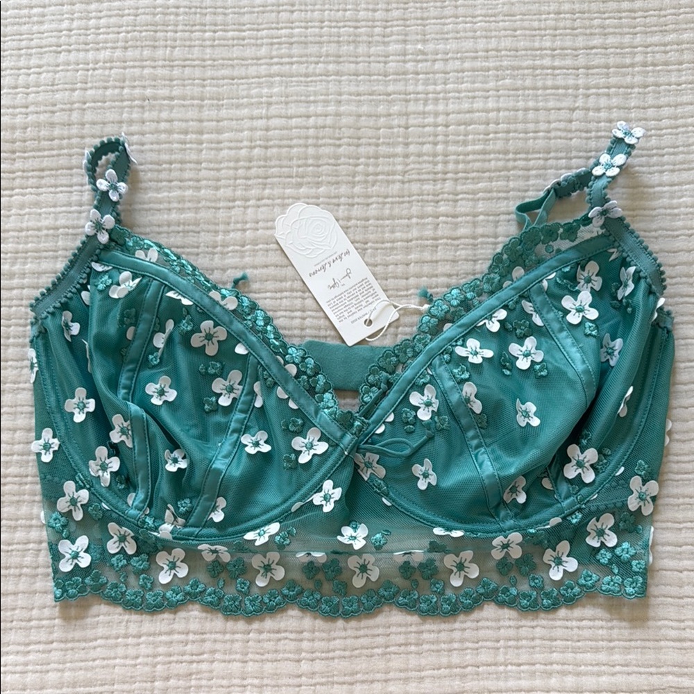 For Love And Lemons Teal Floral Embroidered Longline Bra